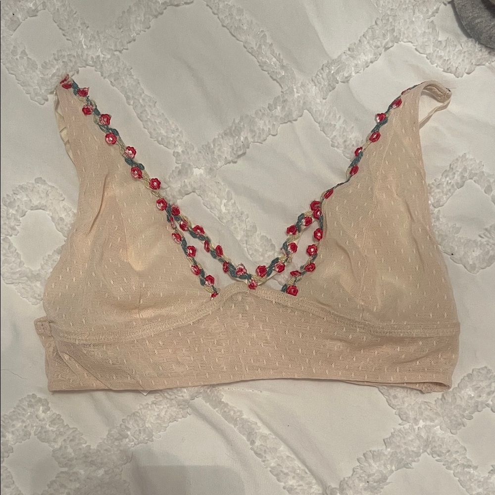 Free People Beige Bralette with Red Floral Accents